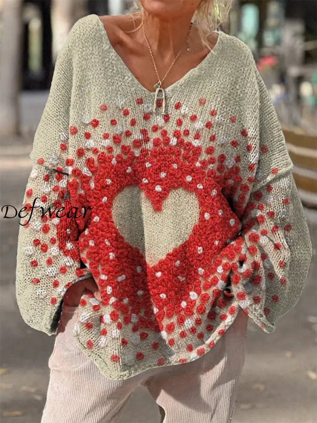 Retro Loving Heart Floral Print Vintage Loose Chic V-Neck Long Sleeve Thick Knit Sweater A / S