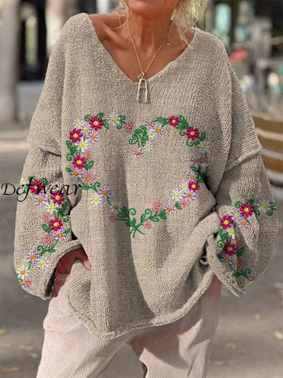 Retro Loving Heart Floral Print Vintage Loose Chic V-Neck Long Sleeve Thick Knit Sweater A / S