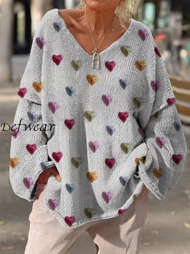 Retro Loving Heart Floral Print Vintage Loose Chic V-Neck Long Sleeve Thick Knit Sweater A / S