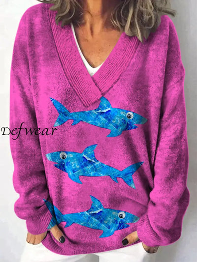 Retro Marine Fishes Printed V-Neck Casual Comfortable Long-Sleeved Loose Sweatshirt A / S