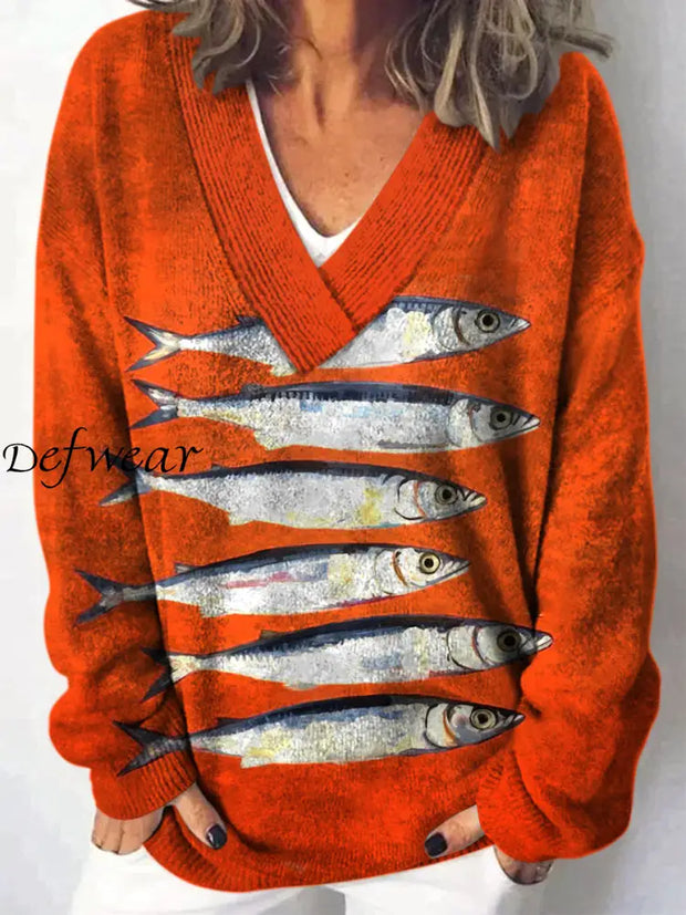 Retro Marine Fishes Printed V-Neck Casual Comfortable Long-Sleeved Loose Sweatshirt A / S