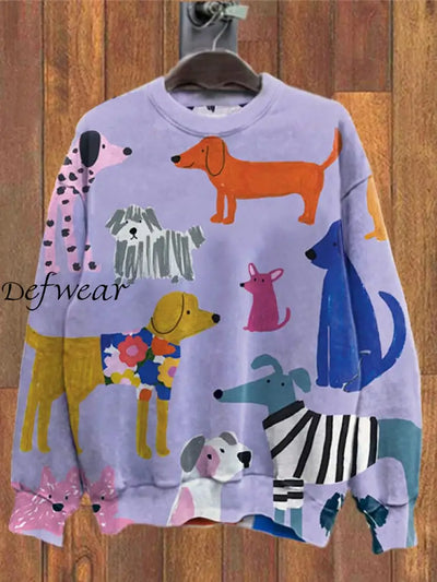 Retro Pet Art Printed Crew-Neck Comfortable Cotton Blend Long-Sleeved Loose Sweatshirt A / S