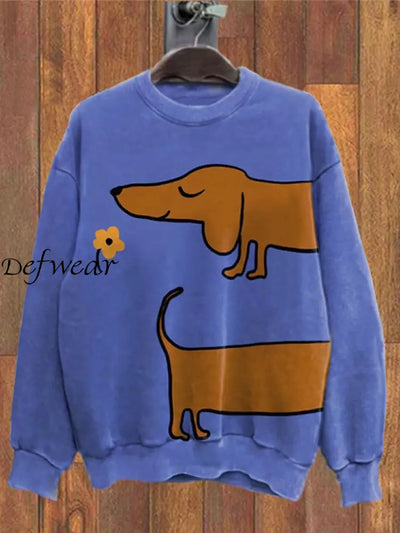 Retro Pet Art Printed Crew-Neck Comfortable Cotton Blend Long-Sleeved Loose Sweatshirt A / S