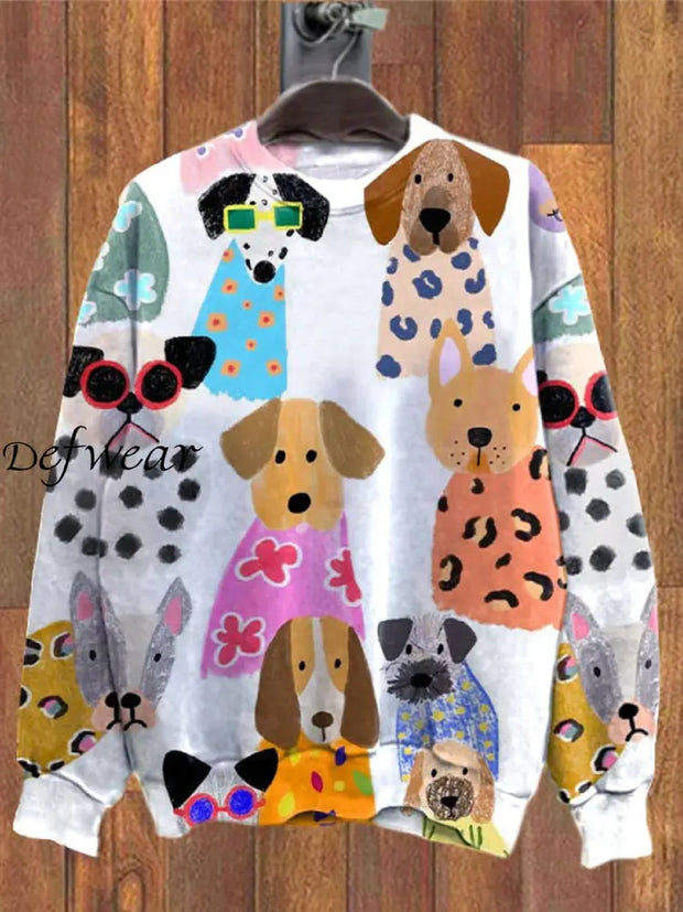 Retro Pet Art Printed Crew-Neck Comfortable Cotton Blend Long-Sleeved Loose Sweatshirt A / S