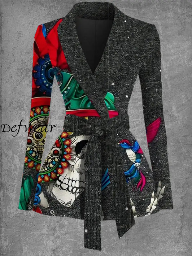 Retro Punk Art Print Elegant Lapel V-Neck Tie Long Sleeve Top A / S