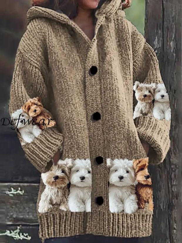 Retro Puppy Art Print Button Thick Long Sleeve Casual Hooded Cardigan A / S