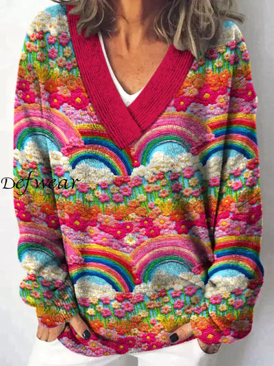 Retro Rainbow Printed V-Neck Casual Comfortable Long-Sleeved Loose Sweatshirt A / S