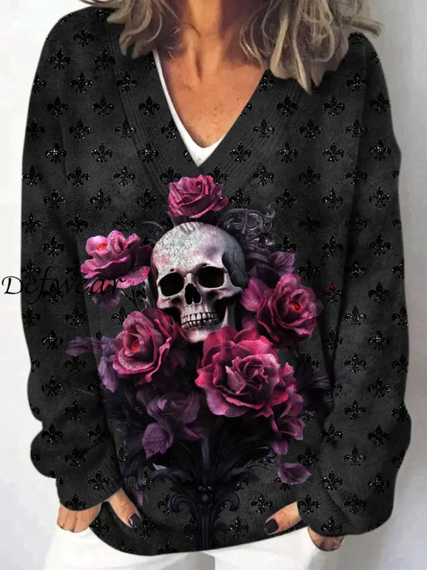 Retro Skull Printed V-Neck Casual Comfortable Long-Sleeved Loose Sweatshirt A / S