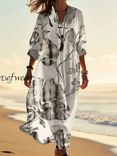 Retro Splash Floral Print Wide V-Neck Long Dress As Picture / S