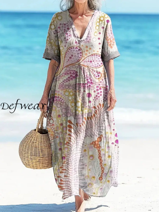 Retro Spring Boho Floral Print Vintage Chic V-Neck Button Up Long Sleeve Midi Dress A / S