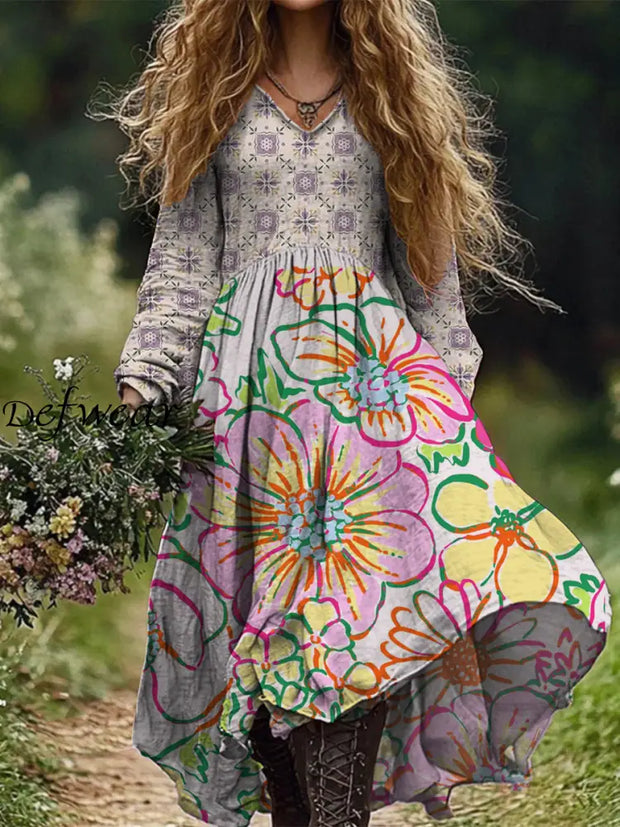 Retro Spring Boho Floral Printed V-Neck Vintage Loose Long Sleeves Midi Dress A / S