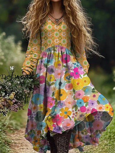 Retro Spring Boho Floral Printed V-Neck Vintage Loose Long Sleeves Midi Dress A / S