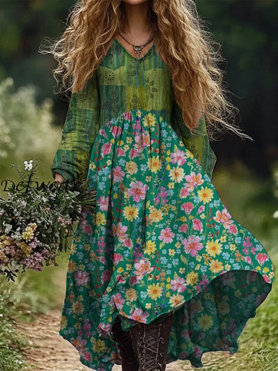 Retro Spring Boho Floral Printed V-Neck Vintage Loose Long Sleeves Midi Dress A / S