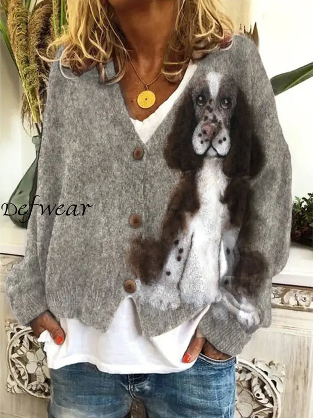 Retro Springer Spaniel Cute Dog Print Buttoned Casual Long-Sleeved Knit Cardigan Sweater A / S