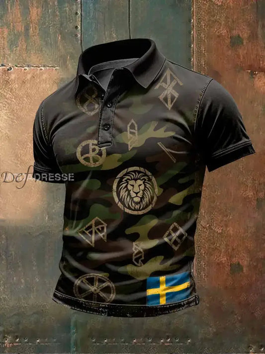 Retro Svensk Viking Camouflage Skriv ut Casual Pikétröja För Män som bild / S Ny Ankomst