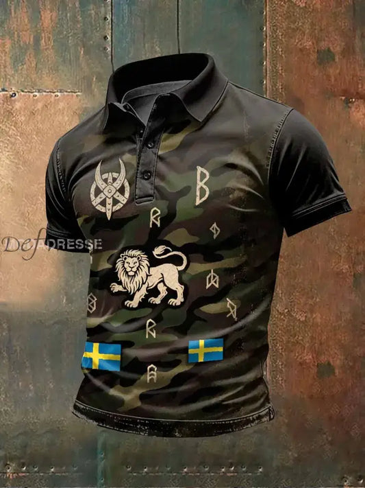 Retro Svensk Viking Camouflage Skriv ut Casual Pikétröja För Män som bild / S Ny Ankomst