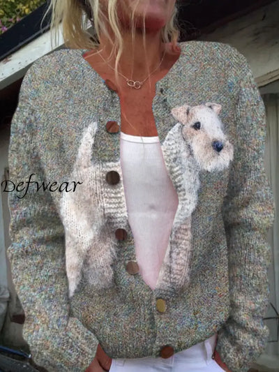 Retro Terrier Group Cute Dog Print Buttoned Casual Long-Sleeved Knit Cardigan Sweater A / S