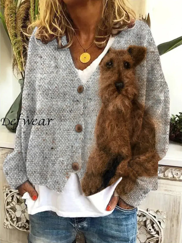 Retro Terrier Group Cute Dog Print Buttoned Casual Long-Sleeved Knit Cardigan Sweater A / S