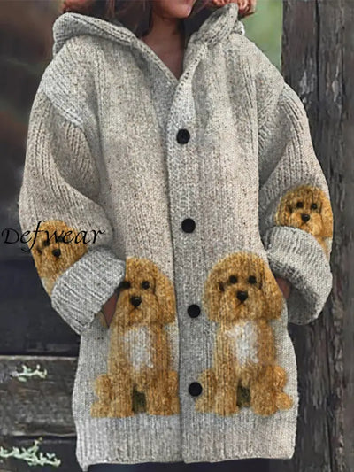 Retro Toy Poodle Dog Lover Print Button Up Thick Long-Sleeved Hooded Cardigan Knit Sweater A / S