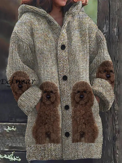 Retro Toy Poodle Dog Lover Print Button Up Thick Long-Sleeved Hooded Cardigan Knit Sweater A / S