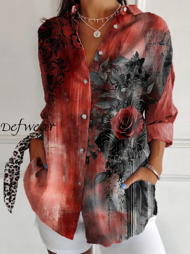 Retro Valentine’s Day Illustration Printed Long Sleeve Shirt Top As Picture / S