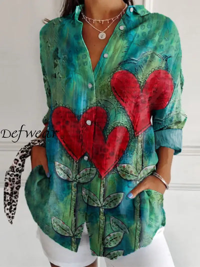 Retro Valentine’s Day Illustration Printed Long Sleeve Shirt Top As Picture / S