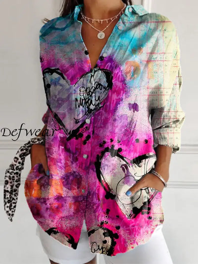 Retro Valentine’s Day Illustration Printed Long Sleeve Shirt Top As Picture / S