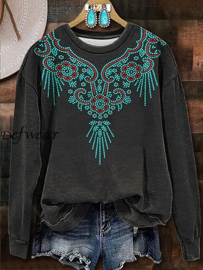 Retro Western Art Print Design Round Neck Long Sleeve Casual Sweatshirt A / S