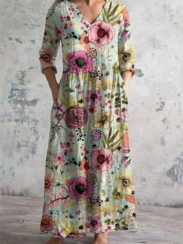 Vintage Floral Art Print Chic V Neck Three Quarter Sleeve Elegant Midi Dress
