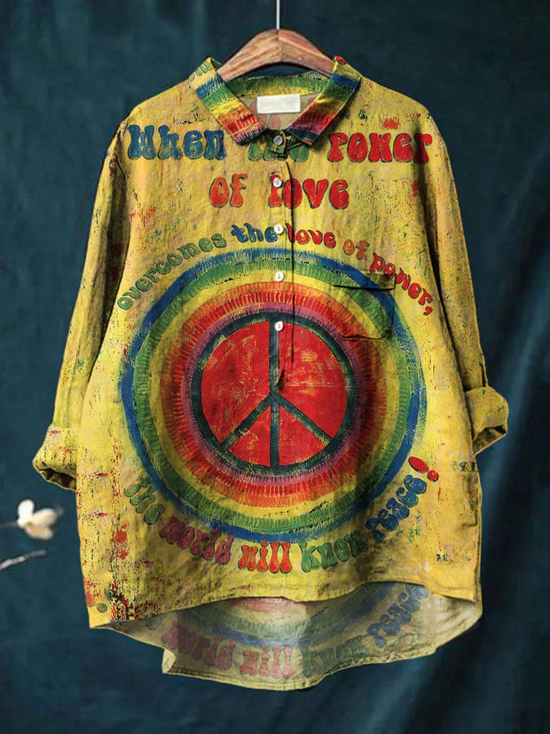 Women's Retro Hippie Art Print Casual Cotton Linen Round Neck Button Pocket Mid Long Sleeve Shirt Top