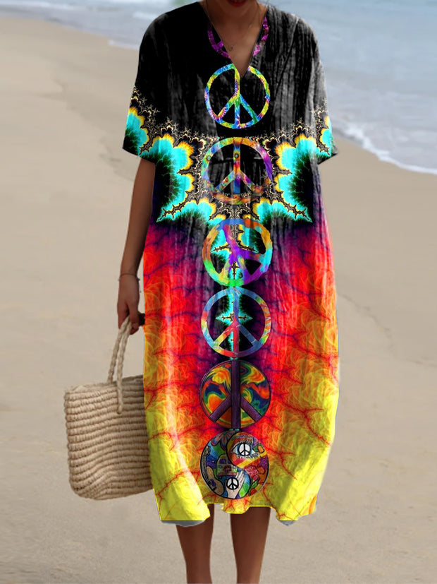 Vintage Hippie Print V Neck Elegant and Chic Loose Short Sleeve Midi Dress