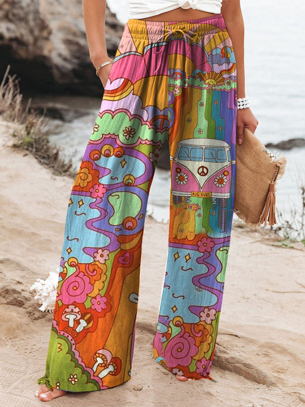 Retro Hippie Graphic Art Print Elastic Waistband Drawstring Pocket Casual Trousers