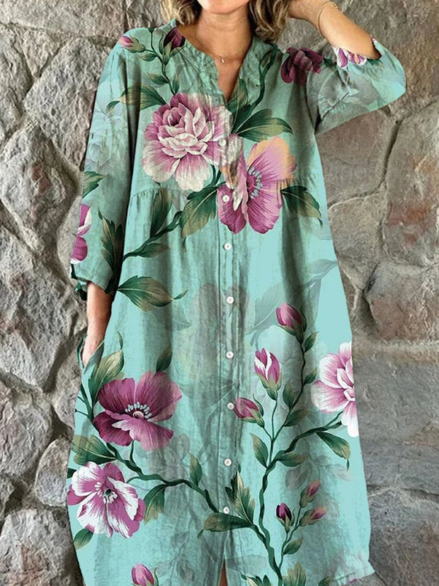 Retro Floral Art Print Chic Three Quarter Sleeve Round Neck Elegant Midi Dress