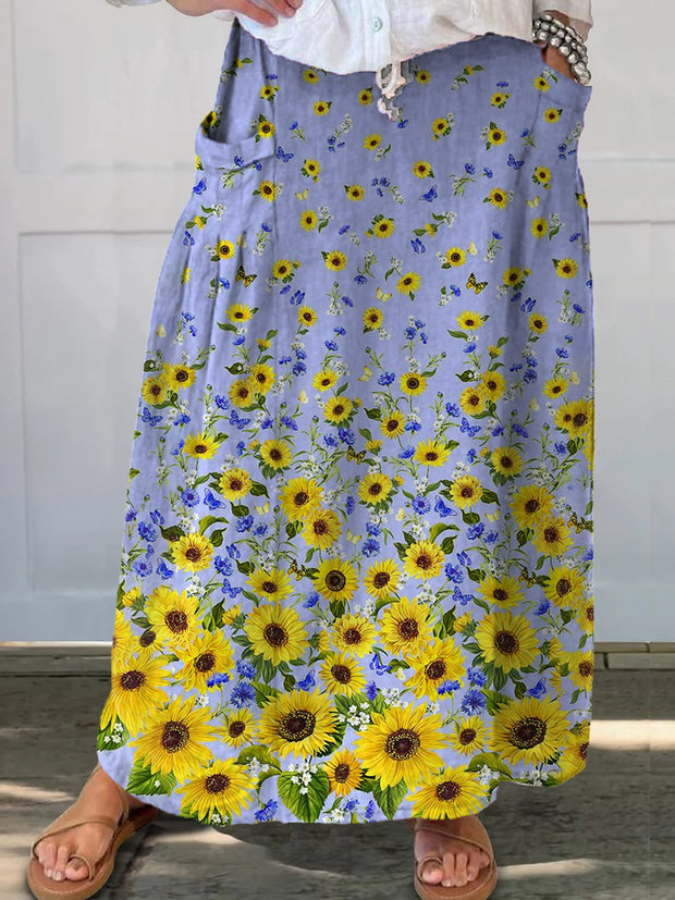 Women's Vintage Floral Print Elastic Waist Pocket Casual Skirt