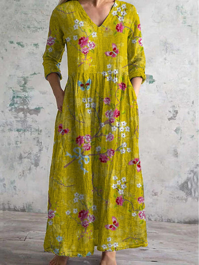 Vintage Floral Art Print Chic V Neck Elegant Midi Dress with Three Quarter Sleeves
