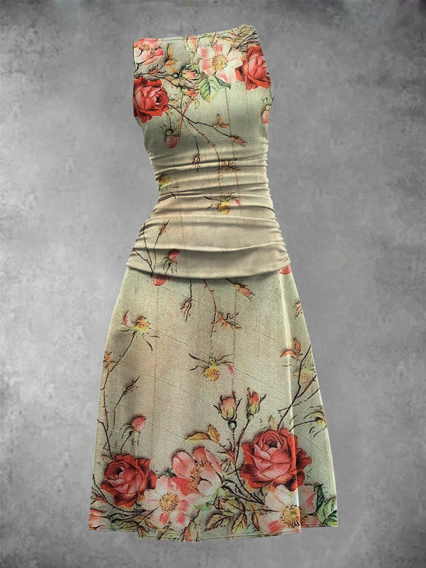 Vintage Floral Art Print Sleeveless Elegant Midi Dress