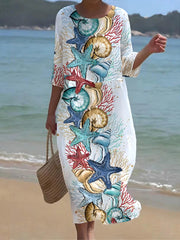 Women's Vintage Marine Life Art Art Print Crew Neck Maxi Dress
