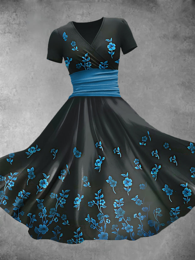 Women's Retro Blue Flower Art Print V-Neck Long Dress