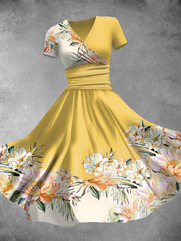 Women's Retro Flower Art Print V-Neck Long Skirt