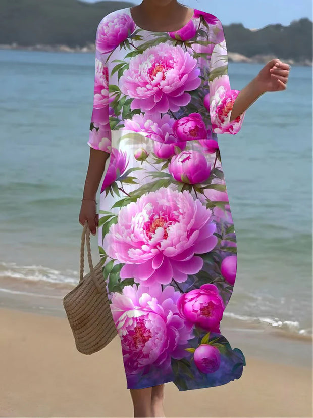 Women's Vintage V-Neck Floral Art Print Temperament Casual Dress