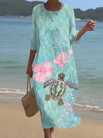 Women's Vintage Ocean Turtle Art Art Print Crew Neck Maxi Dress