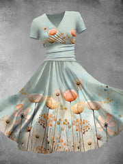 Women's Retro Flower Art Print V-Neck Long Skirt