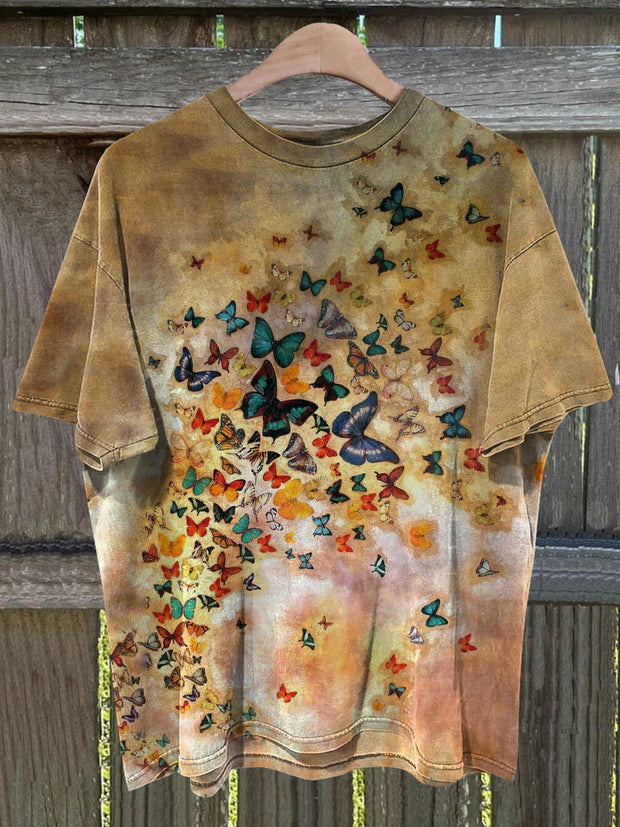 Unisex Fantasy Colorful Butterfly Print Round Neck Short Sleeve T-Shirt