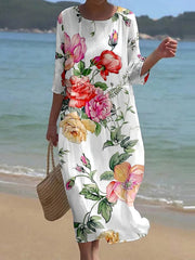 Women's Retro Floral Art Print Round Neck Maxi Dress