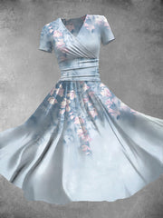 Women's Retro Floral Art Print V-Neck Maxi Dress