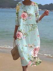 Women's Retro Floral Art Print Round Neck Maxi Dress