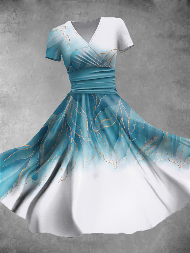 Women's Retro Blue and White Leaf Art Print V-Neck Long Dress