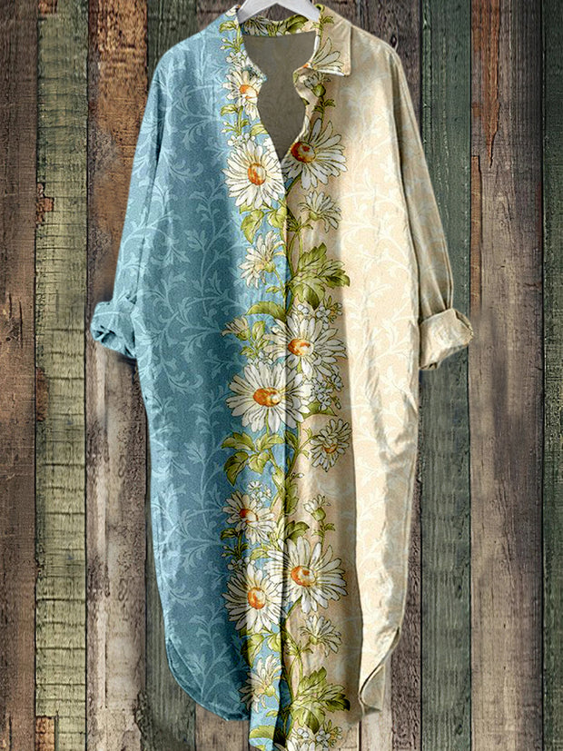 Elegant Floral Printed Vintage Chic Long Sleeved Casual Loose Shirt Dress
