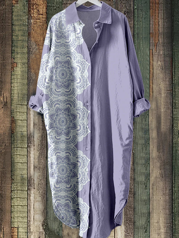 Elegant Lace Pattern Printed Vintage Chic Long Sleeved Casual Loose Shirt Dress