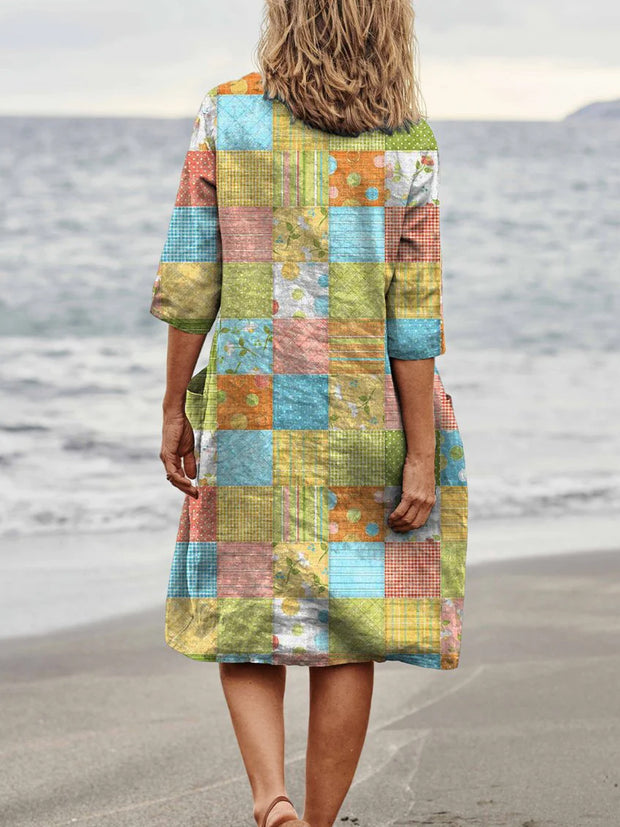 Color Square Art Printed Vintage Chic Round Neck Short Sleeve Loose Midi Dress